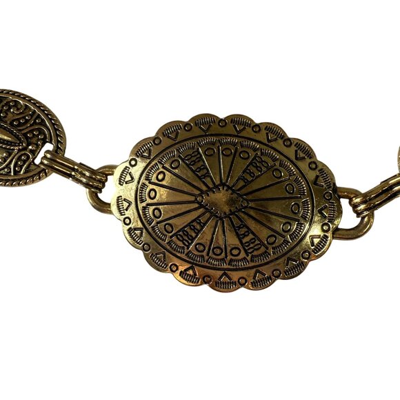 Vintage Oval Carved Concho Western Cowgirl Waist Chain Belt Womens Gold Ethnic - Picture 6 of 11